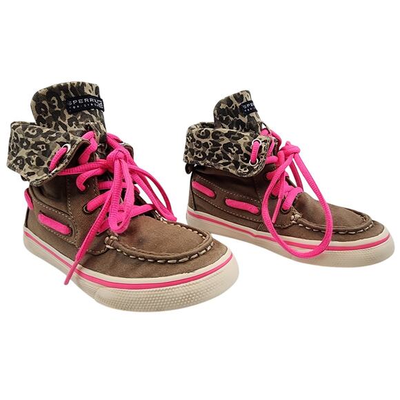 Sperry Topsider Bahama Truffle Hi-Top Brown/Pink/Leopard Sneakers Girl 10.5 Used - Picture 1 of 7